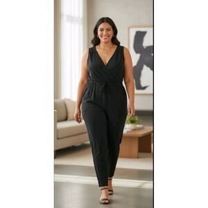 LOFT Jumpsuit Womens XL Black Crepe Sleeveless Pullover Relaxed Pockets